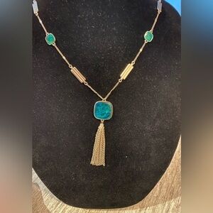 Izaro long Silver Tone And Shell tasseled necklace 19” color is greenish blue